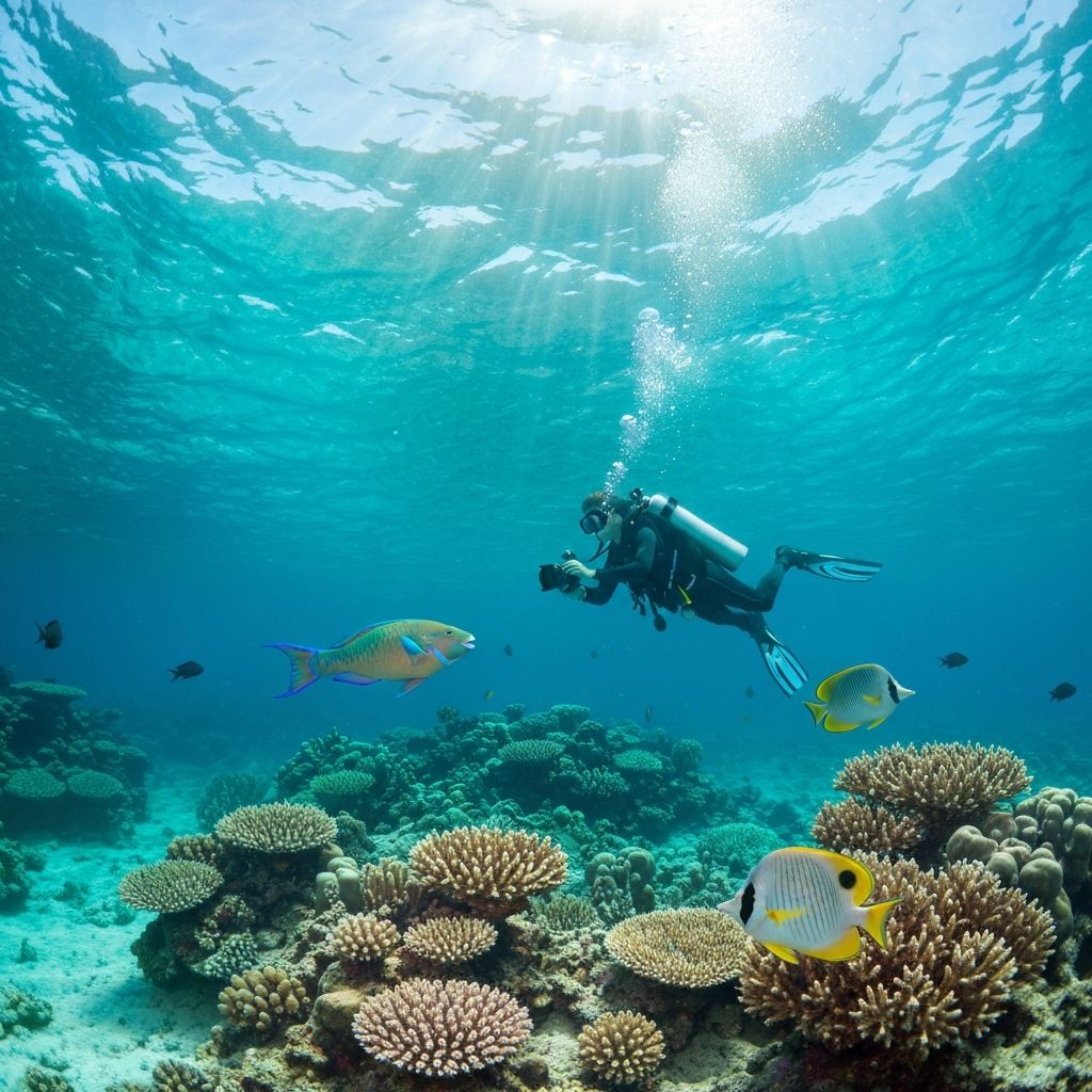 Student diver learning to scuba dive in crystal clear waters at Tenggol Island